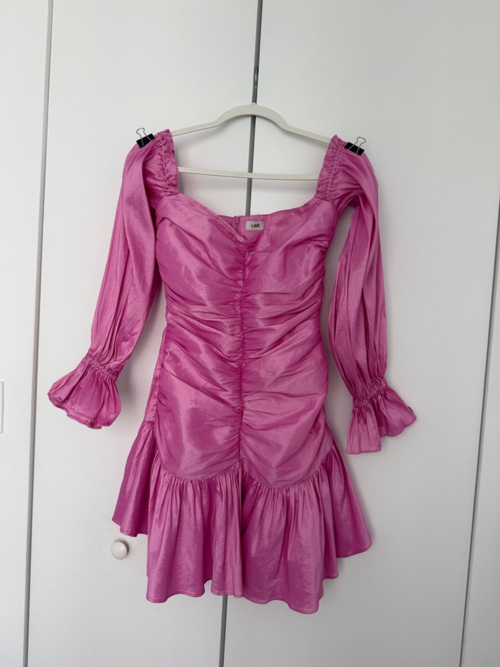Lime Pink Ruched Long-Sleeve Mini Dress with Puff Sleeves